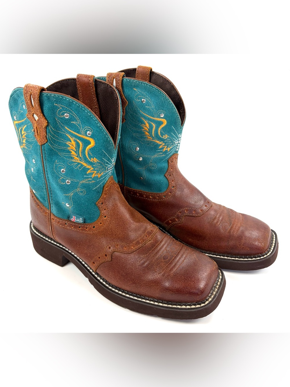 Justin Gypsy Boots 10B Brown Turquoise Cross Festival Western Cowboy